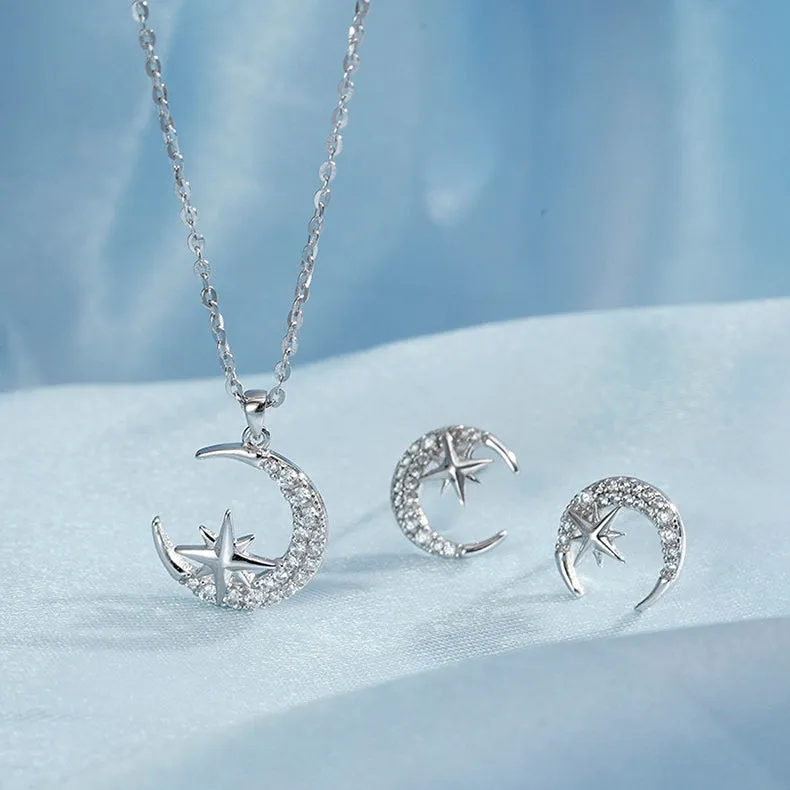 Zircon Crescent Moon Star Silver Necklace Earrings Set