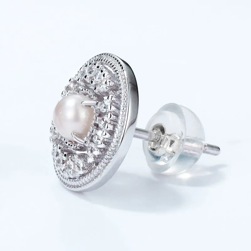 Zircon Disc Round Natural Freshwater Pearl Sterling Silver Stud Earrings