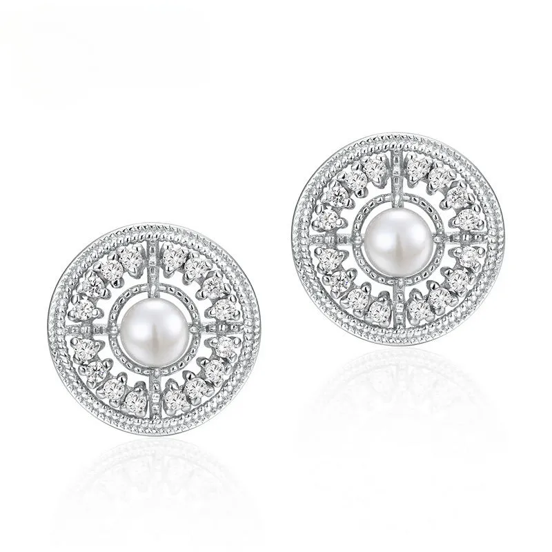 Zircon Disc Round Natural Freshwater Pearl Sterling Silver Stud Earrings