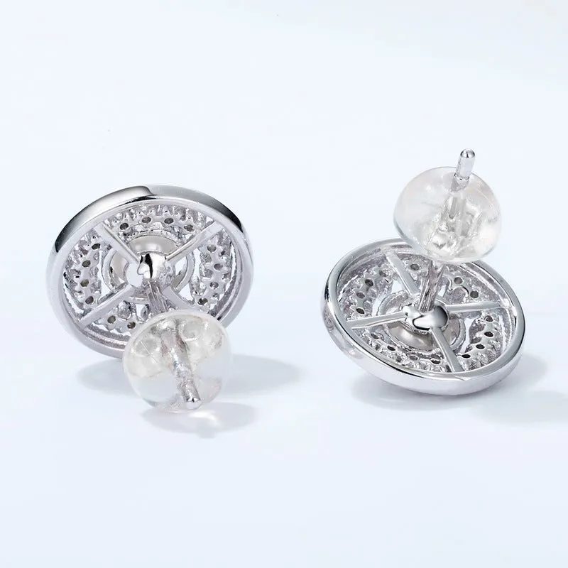 Zircon Disc Round Natural Freshwater Pearl Sterling Silver Stud Earrings