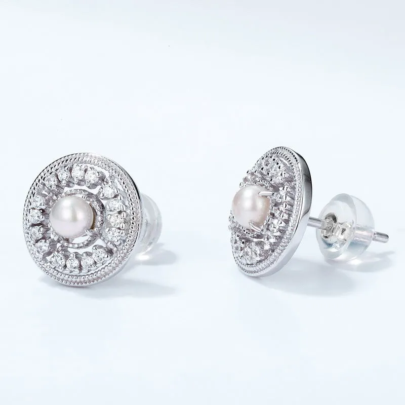 Zircon Disc Round Natural Freshwater Pearl Sterling Silver Stud Earrings