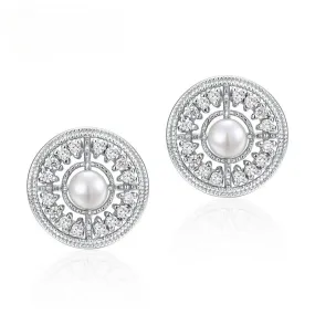 Zircon Disc Round Natural Freshwater Pearl Sterling Silver Stud Earrings