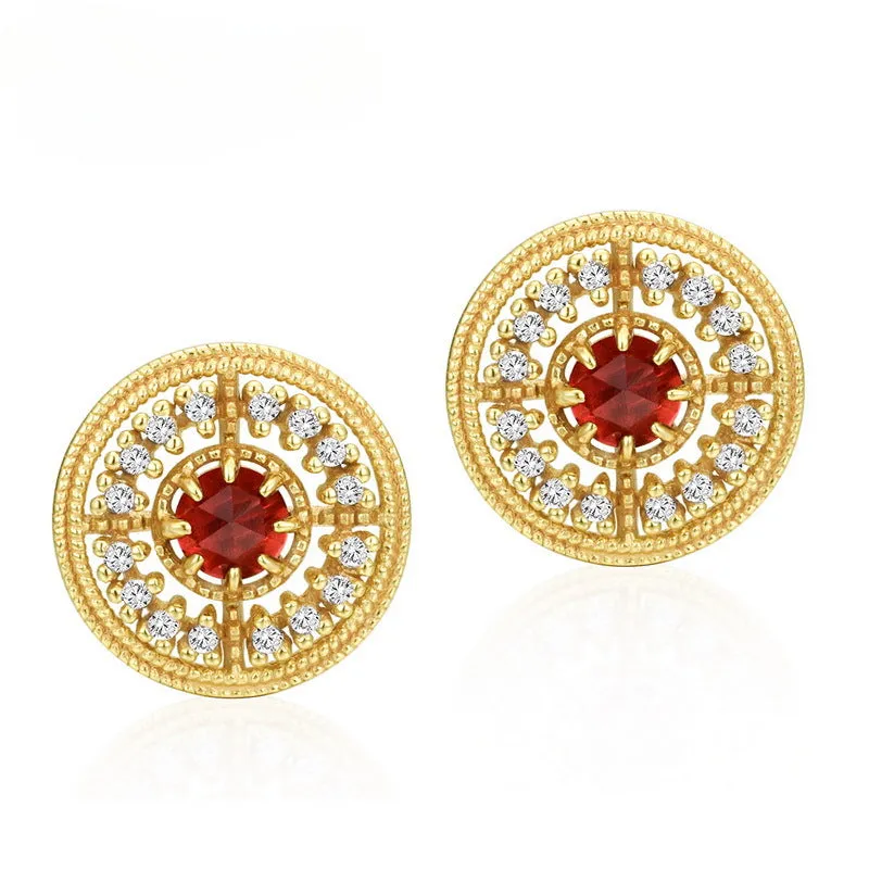 Zircon Disc Round Natural Red Garnet Sterling Silver Stud Earrings