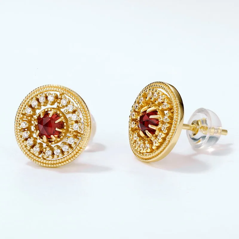 Zircon Disc Round Natural Red Garnet Sterling Silver Stud Earrings