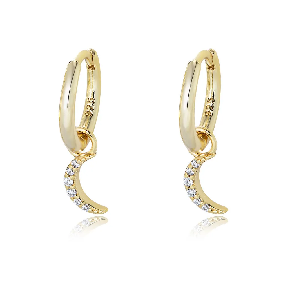 Zircon Moon Pendant Silver Hoop Earrings for Women