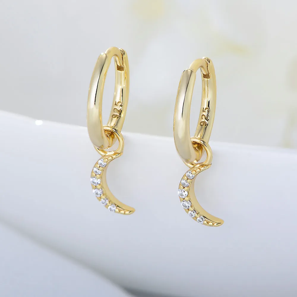 Zircon Moon Pendant Silver Hoop Earrings for Women