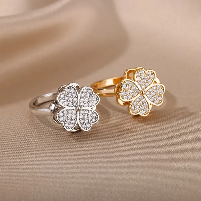 Zircon Rotatable Four Leaf Clover Anxiety Rings (Stainless Steel Spinner Ring)