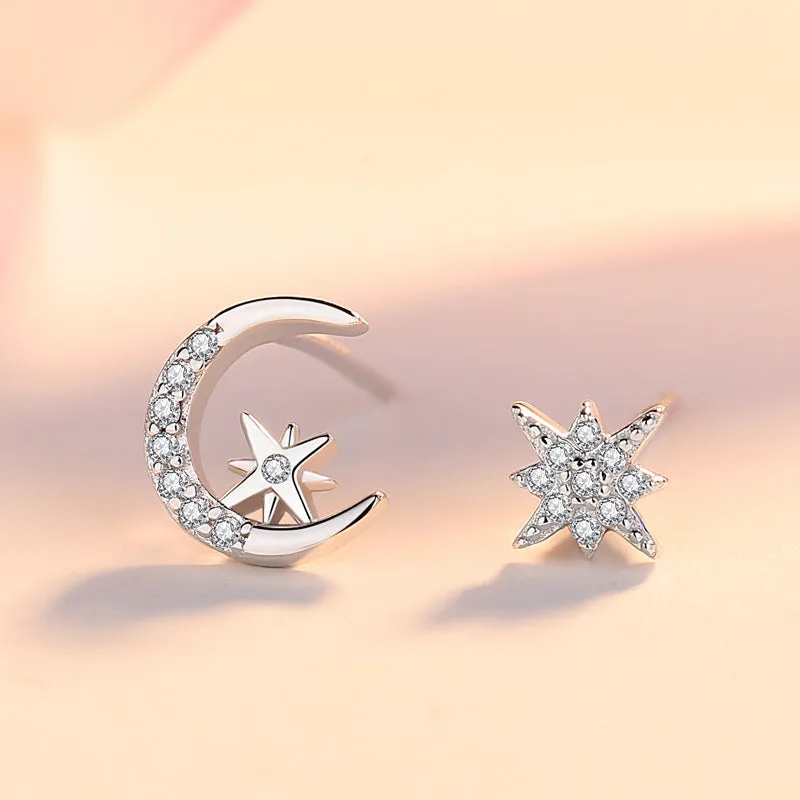 Zircon Star and Moon Asymmetric Silver Studs Earrings for Women