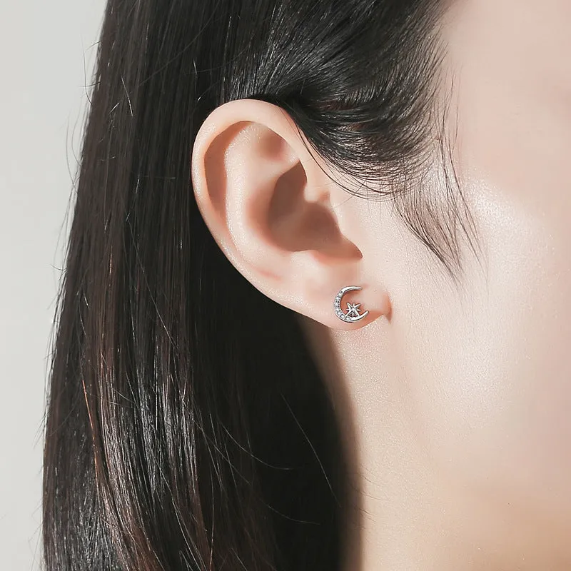 Zircon Star and Moon Asymmetric Silver Studs Earrings for Women