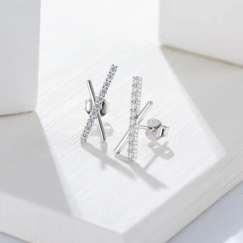 Zircon X-shape Silver Studs Earrings for Women