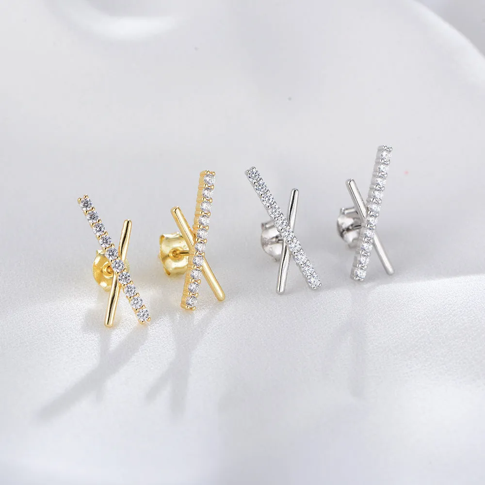 Zircon X-shape Silver Studs Earrings for Women